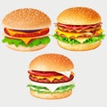 3d render fastfood burger with cheese vector icon, isolated on background. Cartoon vector illustration. Burger Icon Set. Vector Royalty Free Stock Photo
