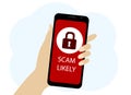 Hand with the phone. On-screen scam warning and lock icon Royalty Free Stock Photo