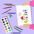 Vector drawing - hands of a child drawing at the table. Color illustration - children\'s drawing. Royalty Free Stock Photo