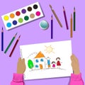 Vector drawing - hands of a child drawing at the table. Royalty Free Stock Photo