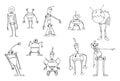 Vector Drawing Illustration of Set of Funny Cute Retro Robots Royalty Free Stock Photo