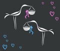 Vector drawing line curve stork brought a newborn baby