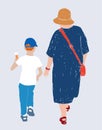 Vector drawing of little boy with ice cream and his grandmother walking along street on summer day together Royalty Free Stock Photo