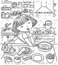 Vector drawing of a little girl preparing a breakfast