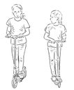Vector drawing of little girls riding the scooters