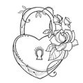 Vector drawing of lock heart with outline ornate roses, leaf and bud in black isolated on white background.