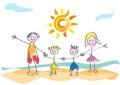 Vector drawing made by a child, happy family on vacation at the beach Royalty Free Stock Photo