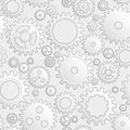 Vector Drawing Mechanical Cogwheel Seamless Pattern. Light Grey Gear And Cog Site Background. Collection Of Clockwork Gear Wheels