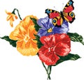 Vector image of pansies and butterfly. All objects isolated.