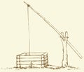Vector drawing. Old wooden shadoof in the field