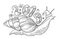 Vector drawing of outline Achatina snail or African giant land snail with number 2019 in black isolated on white background. Royalty Free Stock Photo