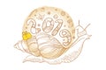 Vector drawing of outline Achatina snail or African giant land snail with number 2019 and gift box in pastel beige isolated. Royalty Free Stock Photo