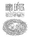 Vector drawing of outline bird nest from branch with ethnic Ukrainian Easter egg Pysanka in black isolated on white background.