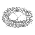 Vector drawing of outline bird nest from branch with three eggs in black isolated on white background. Bird house, family symbol.