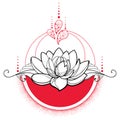 Vector drawing with outline black Lotus flower, red dots and swirls isolated
