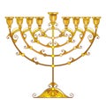 Vector drawing of outline golden Hanukkah menorah or Chanukiah candelabrum isolated on white background. Ornate Chanukah menorah.