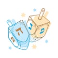 Vector drawing with outline Hanukkah or Hanuka dreidel or sevivon with Hebrew alphabet in blue and pastel beige isolated on white. Royalty Free Stock Photo