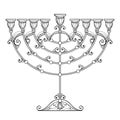 Vector drawing of outline Hanukkah menorah or Chanukiah candelabrum in black isolated on white background. Ornate Hanukkah menora.