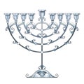 Vector drawing of outline Hanukkah menorah or Chanukiah candelabrum in pastel silver colored isolated on white background.