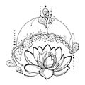 Vector drawing with outline Lotus flower, decorative lace and swirls in black