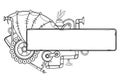 Vector drawing of outline steampunk horizontal frame with mechanical gears and pipes in black isolated on white background.