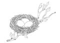 Vector drawing of outline tree branch with bird nest with three eggs in black isolated on white background. Bird family house.