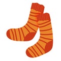 Vector drawing of a pair of orange striped socks isolated on white background. Knitted socks, cozy autumn theme. Cooling