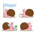 Vector drawing of pink and brown color Snail cartoon drawn, collection of 4 smiling snails characters, holding a flag, working on Royalty Free Stock Photo