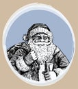 Vector drawing of portrait smiling Santa Claus with gifts bag and paper scroll in oval icy frame Royalty Free Stock Photo