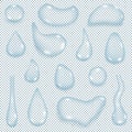 Vector drawing. Realistic set transparent drops rain, dew, water with bright glare. Royalty Free Stock Photo
