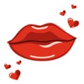 Vector drawing red lips, hearts soaring