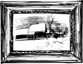Vector drawing of rural landscape with houses under snow in decorative picture frame