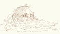 Vector drawing. Sailors on a ship in a storm