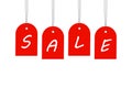 Vector drawing `Sale`, red tags hanging isolated on a white background. Royalty Free Stock Photo