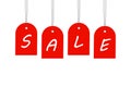 Vector drawing `Sale`, red tags hanging isolated on a white background. Royalty Free Stock Photo