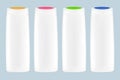 Vector drawing, Set white plastic shampoo bottles with colored caps.