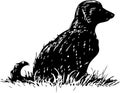 Vector drawing of silhouette of black dog sitting in grass