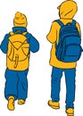 Vector drawing of silhouette little boys walking outdoors