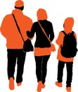 Vector drawing of silhouettes family townspeople walking outdoors