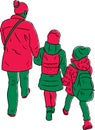 Vector drawing of silhouettes mother with her little daughters walking outdoors