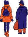 Vector drawing of silhouettes senior woman and her granddaughter walking along street