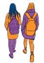 Vector drawing of silhouettes students girls walking outdoors