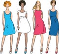 Vector image of sketches fashionable slim women in various summer dresses