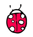 Vector drawing of a small round beetle with dots on its back with antennae top view of a black line and a red colored back on a