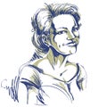 Vector drawing of smiling pleased woman with stylish haircut. Bl