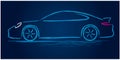 Neon simple vector drawing of a sports car. Side view. Dark blue background. Royalty Free Stock Photo