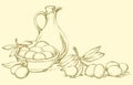 Vector drawing. Still life of oil in jug and olives sprigs