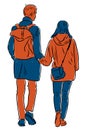 Vector drawing of students couple walking along street Royalty Free Stock Photo