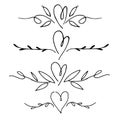 Vector drawing in the style of doodle. cute text dividers, vignettes with hearts and plant leaves. vintage dividers, lettering, ca