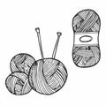 vector drawing in the style of doodle. knitting. clew for knitting and knitting needles, crochet. hobby symbol, needlework,